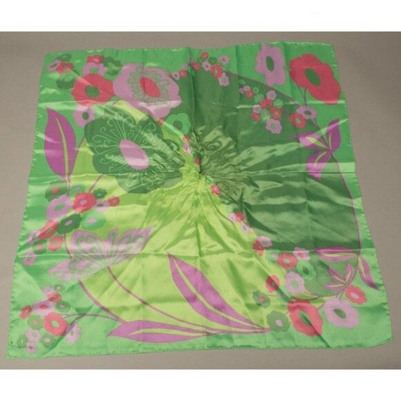 Vintage Green Pink Floral Silk Square Scarf Midcentury Design - Picture 2 of 11